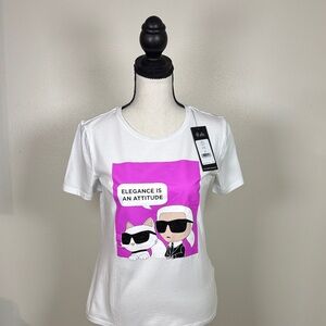 Authentic Karl Lage White Graphic Tee with Pink Panel "Elegance Is An Attitude"